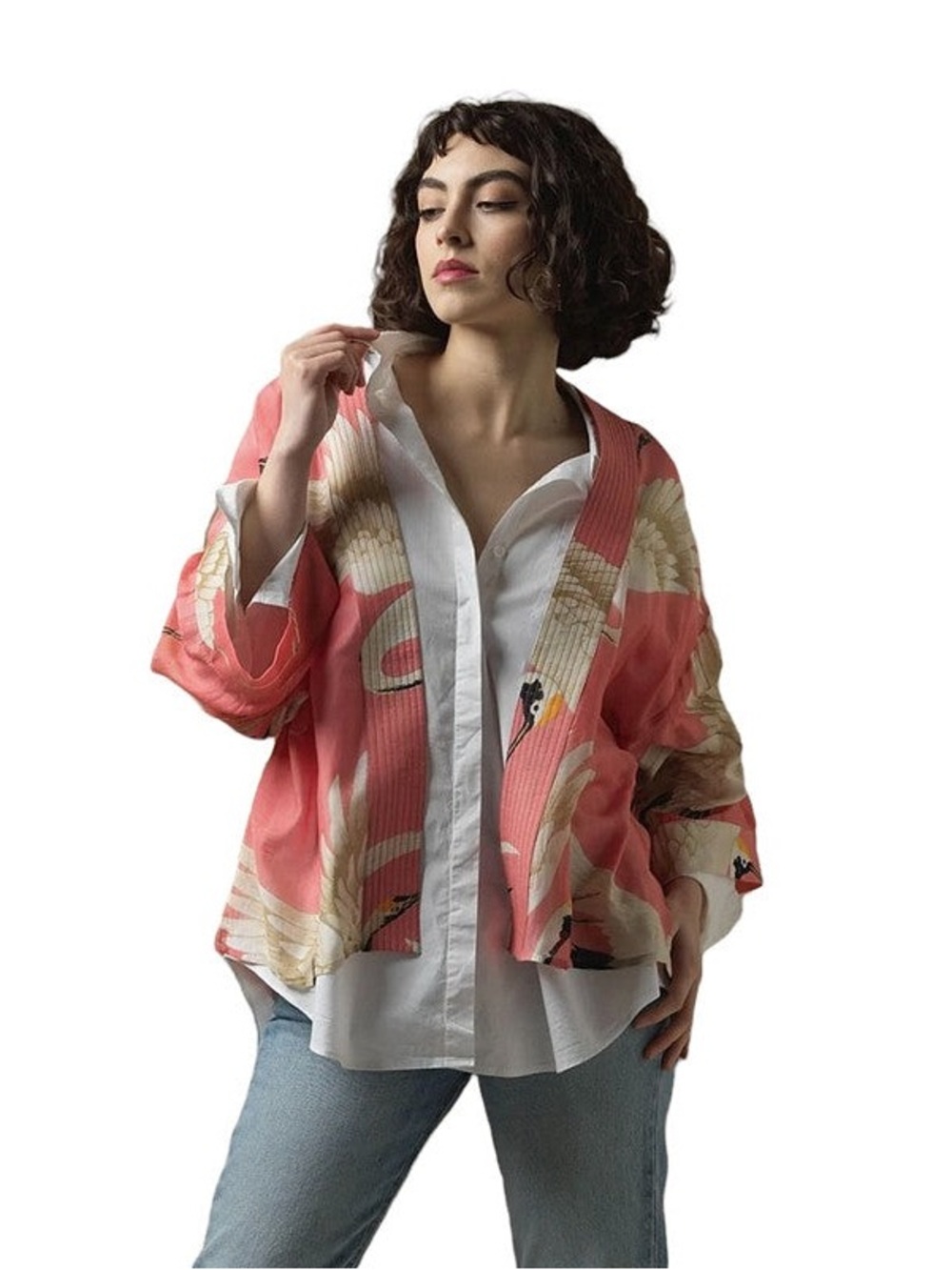 One Hundred Stars Stork Print Kimono Jacket Lipstick Pink Lightweight OS